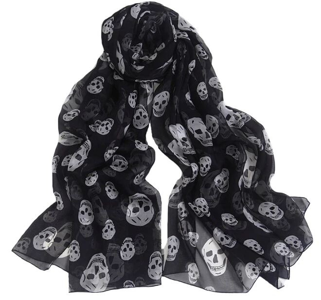 Длинная шаль для пляжа женский модный шифоновый шелковый шарф с принтом черепа