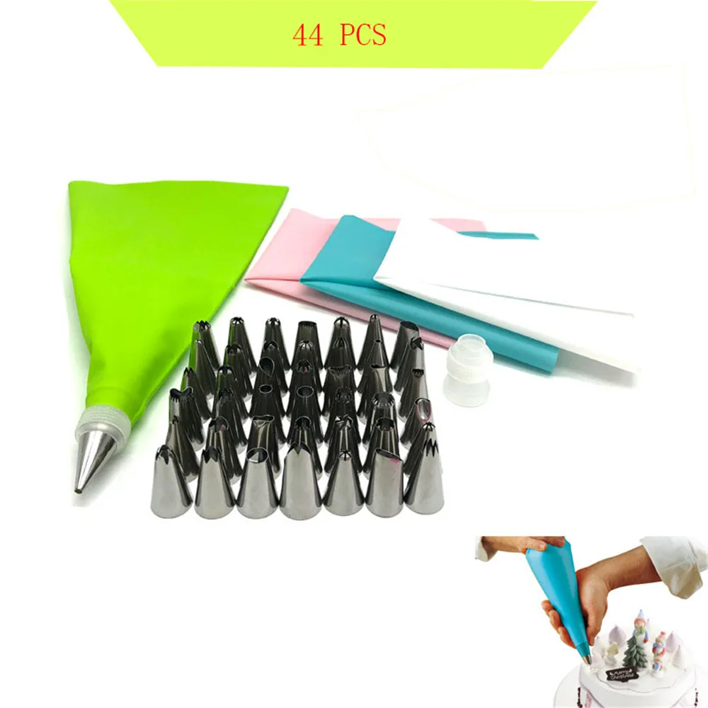 

44 PCS Silicone Icing Piping Cream Pastry Bag + Stainless Steel Nozzle Pastry Tips Converter DIY Cake Decorating Tools
