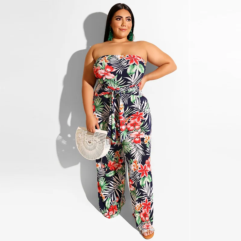 

Plus Size Long Jumpsuit Women's Strapless Straight Pants Set Sleeveless Urban Printing Wrapped Chest Backless Romper Summer 5XL