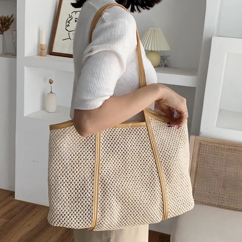

MABULA Straw Woven Tote Bag for Women Summer Handmade Large 2 in1 Beach Shoulder Bag with Leather Handbag Purse