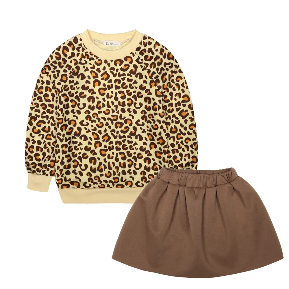 

2021 Baby Girls Leopard Print Sweat Suit Autumn Winter 3-8 Years Kids Children Skirt Set Clothing Fashion Warm Sport Cloth Gift