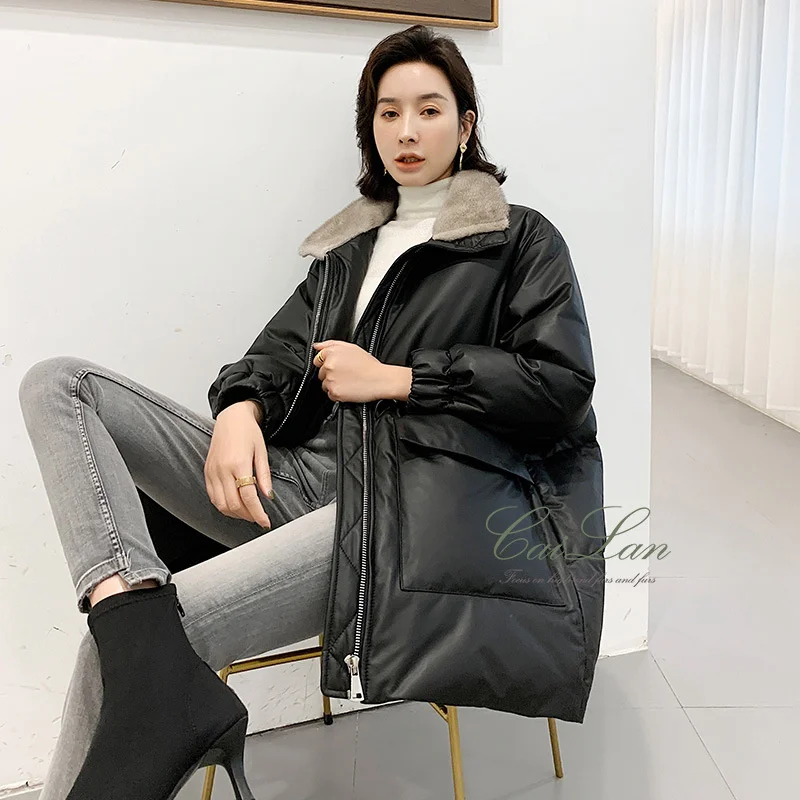

European leather down jacket women's medium and long sheepskin mink fur collar Fur Jacket Large Size suit 2021 winter new style