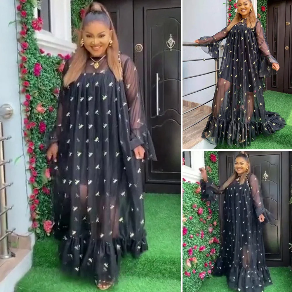 

2pcs African Dashiki Clothes Women Moroccan Kaftan Dubai Abaya Oversize Kaftan Black Mesh Embroidery Gown Muslim Hijab Abayas