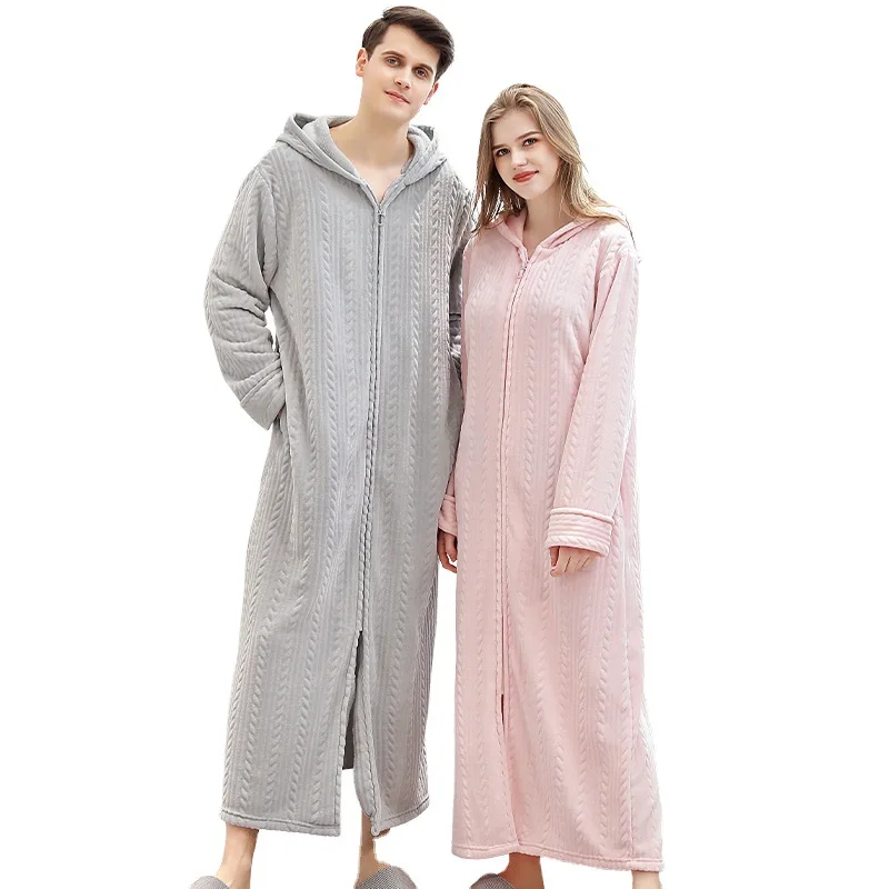 

Flannel Bath Robe Wheat Stripe Unisex Hooded Bathrobe Winter Thicken Plus Size Lovers Couples Night Gown Men Zipper Nightgown