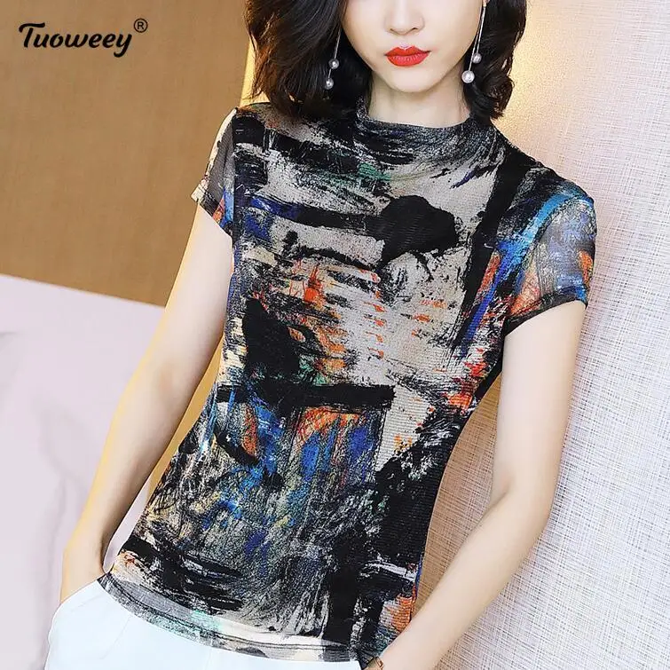 

Fashion Blouse Pullover Women Spring Summer Lace Stitching Short-sleeved Bottoming Shirt Female Round Neck Stretch Mesh Printing