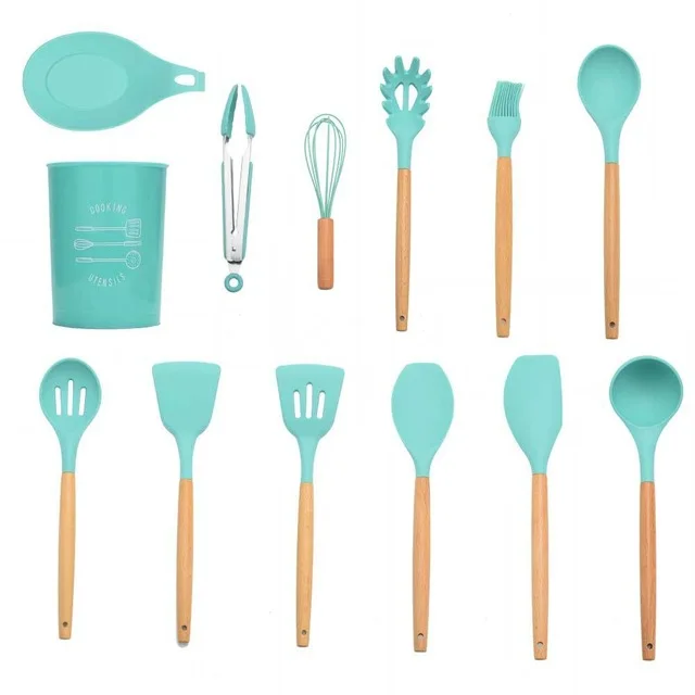 Mint Green 13pcs 9/12/13 шт. кухонная утварь набор дерева+ силиконовая кухонная посуда набор посуды для хранения коробка Turner Щипцы Ложка с деревянной ручкой Кухня Силиконовые Шпатель скребок венчик для взбивания - Цвет: Mint Green 13pcs