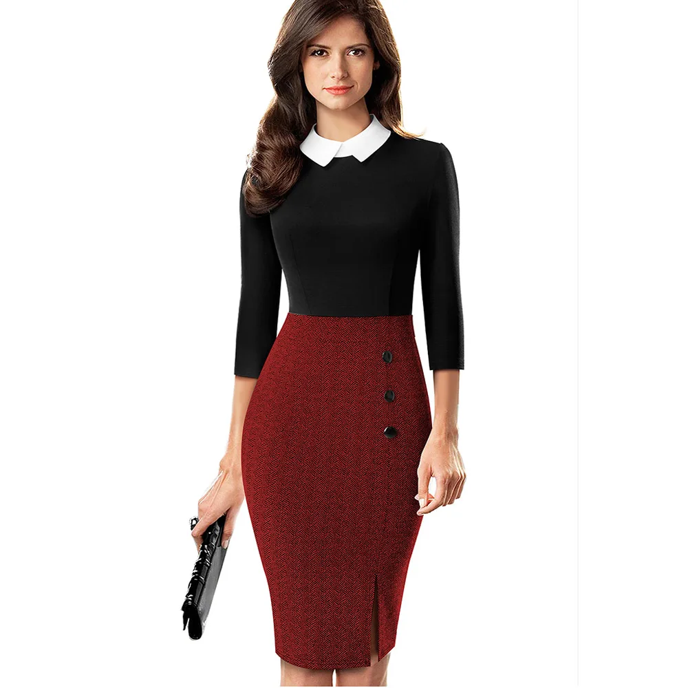 Black and Red Элегантный контрастный цвет пэчворк офисная работа vestidos деловые вечерние женские облегающие платья B568 - Цвет: Black and Red