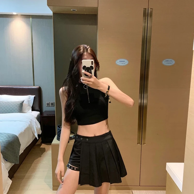 

Gothic Harajuku Pleated Skirts Women with Leg Ring Black High Waist Short Skirt Summer Punk Casual Mini Skirt Punk