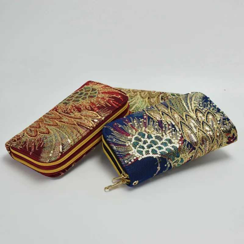 

Cindoreen Shiny Sequins Peacock Embroidered Women Canvas Purse