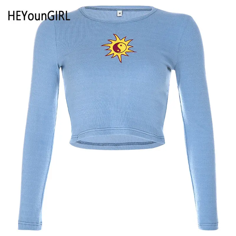 Синий HEYounGIRL Базовая футболка с длинными рукавами Женская Повседневная футболка с вышивкой Harajuku Хлопковая женская неоновая зеленая футболка Женская Осенняя - Цвет: Синий