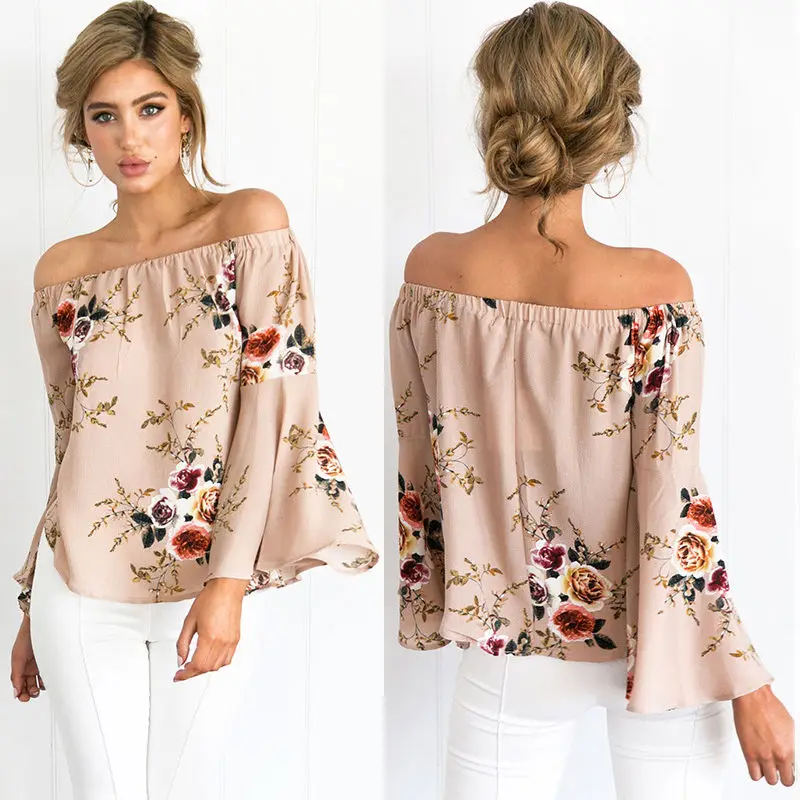 

2018 Sexy Women's Off Shoulder Tops Long Sleeve Shirt Casual Blouse Loose Shirt