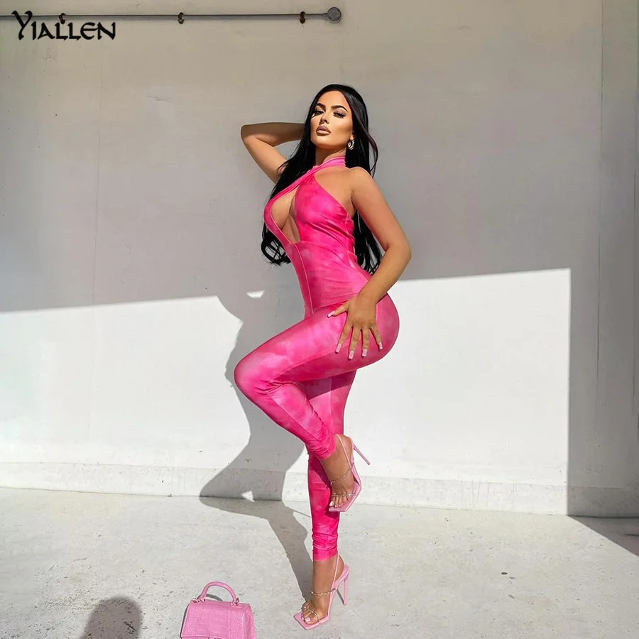 

Yiallen Hipster Halter Hollow Out Print Women Jumpsuit 2021 New Summer Fashion Sleeveless Backless Skinny Cleavage Streetwear