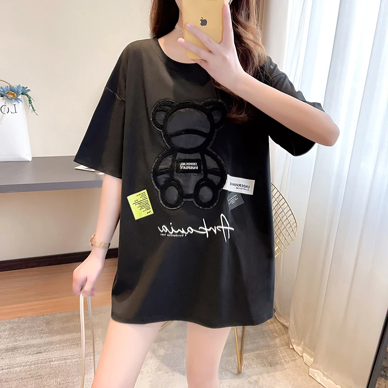 

Women's T-shirts Harajuku Girls Plus Oversize Tops O-neck Short Sleeves Loose Summer Tshirt Embroidery Bear White Black Tees