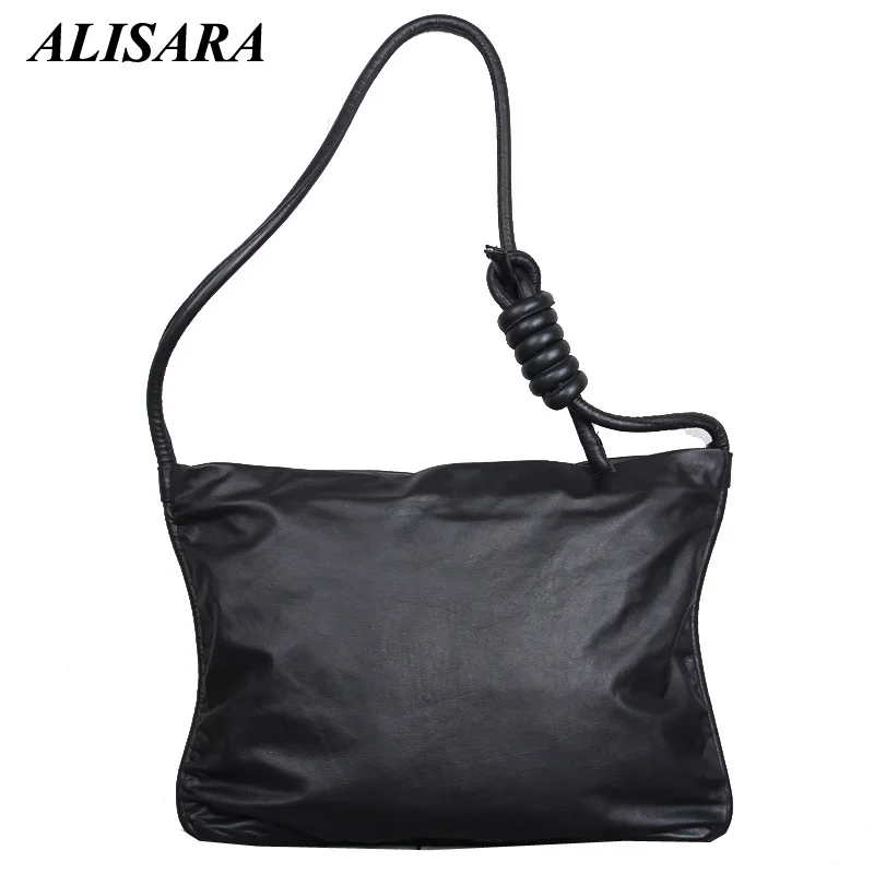 Alisara Simple Messenger Bag First Layer Cow Leather Top End Handmade Unisex Crossbody Shoulder Handbag Casual Big Capacity Tote