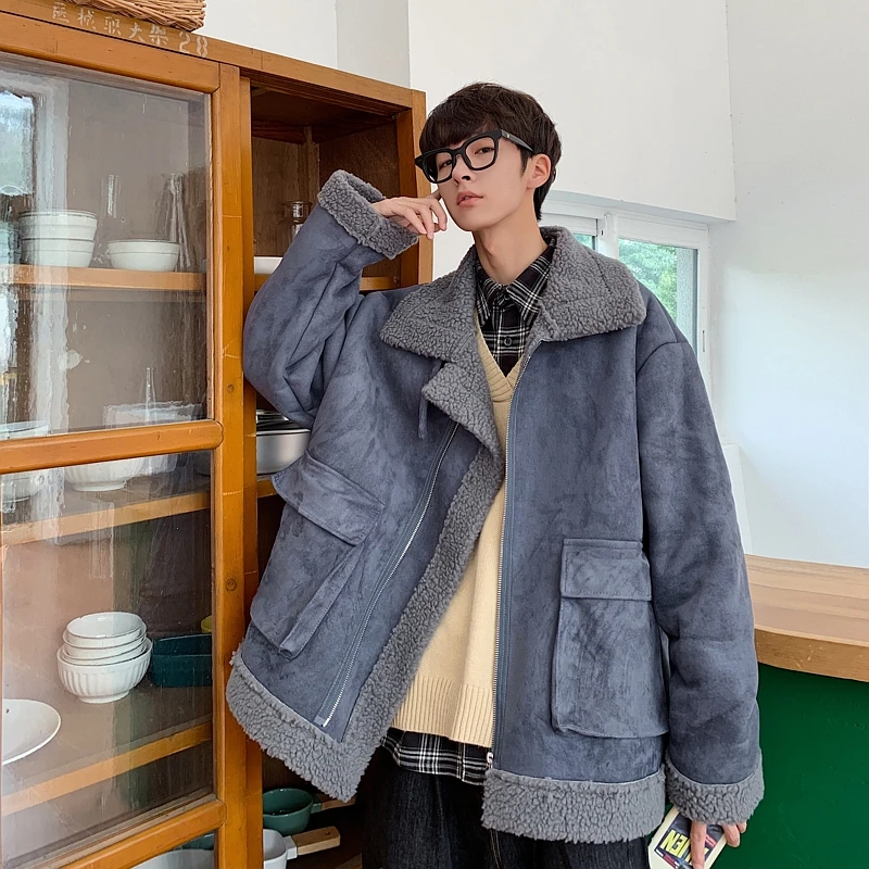 

New Lamb Wool Coat Men's Winter Thick Parkas Street Casual Loose Turn-Down Pocket Plus Size Warm Jacket Korean Fashion Outwear