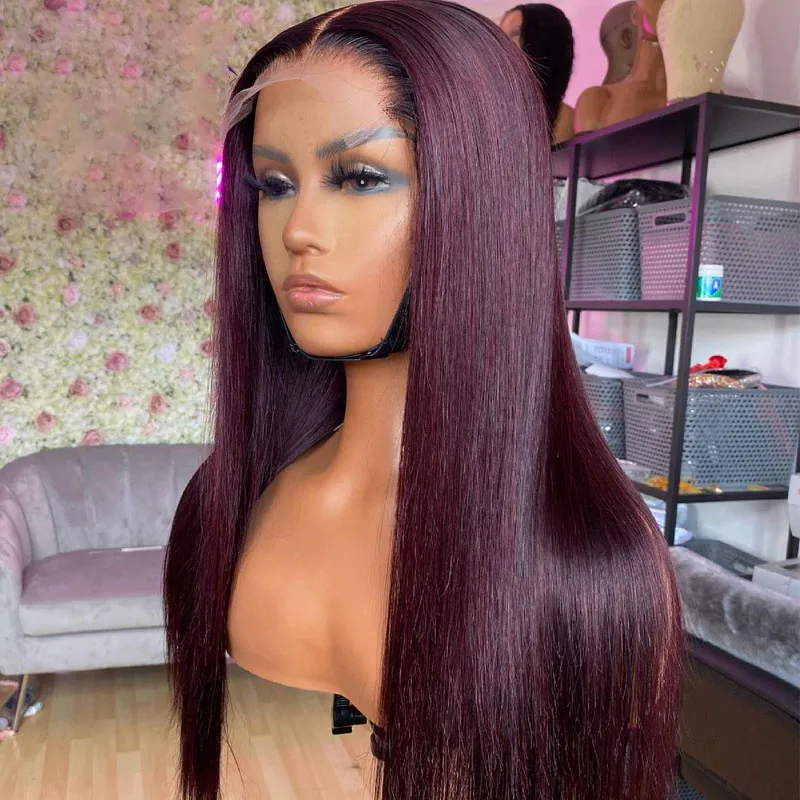 

Dark Wine Red Silky Straight 26Inch Long 99j Synthetic Hair Lace Front Wig For Black Women With Babyhair Natural Hairline Daily