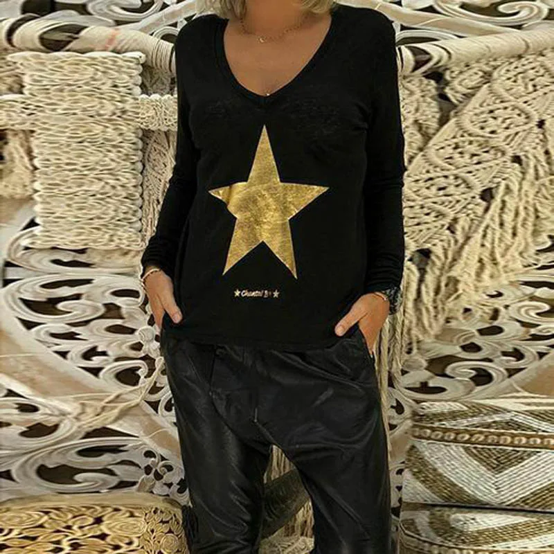 

Fashion T shirt Women Sequins O-Neck Five-pointed star Tops Tees Female Long Sleeve Street Ladies Plus size code S-5XL