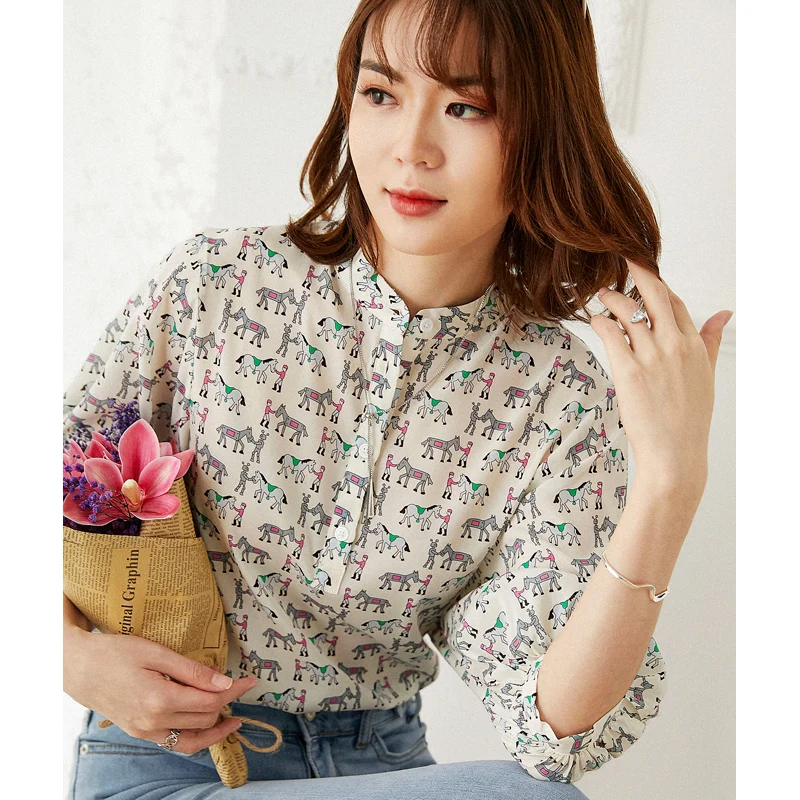 

New printed silk top female spring summer early Autumn Lantern Sleeve Shirt wide pine mulberry silk shirt foreign style