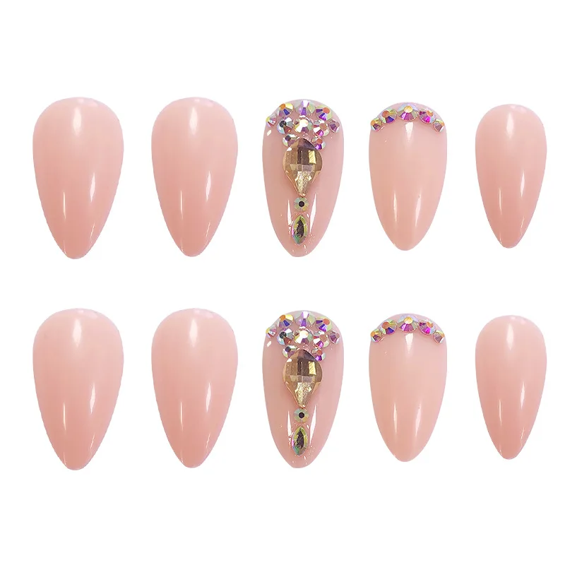 

24pcs Flesh Pink Fake Nail Patch Glue Type Rhinestones Inlaid Removable Long Paragraph Fashion Manicure False Nail Patch Smj