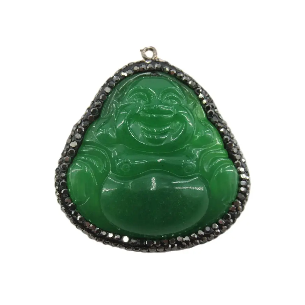 

APDGG 45x48mm Religious Natural Green Jade Carving Buddha Head Black Rhinestone Pave Charms Necklace Pendant Jewelry DIY