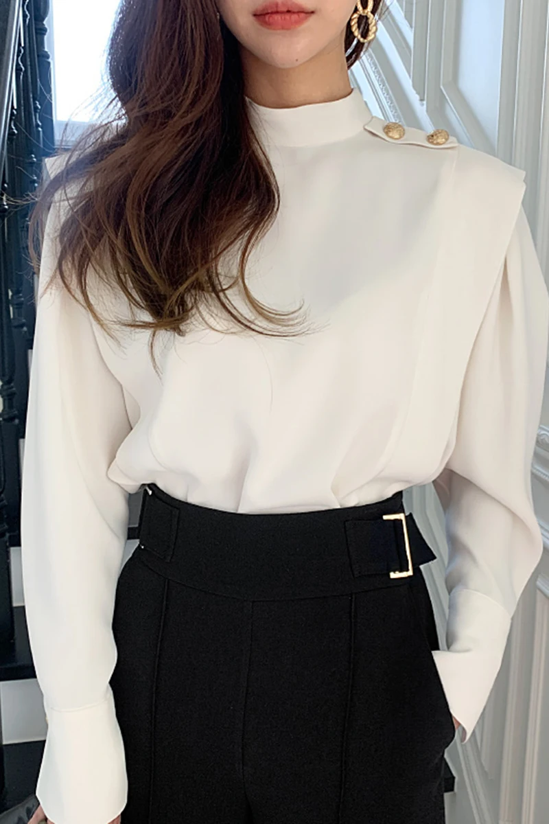 

ZCSMLL Korean Chic top Elegant Half High Collar Button Decoration Loose Solid Color Fake Two Piece Long Sleeve Shirt for Women