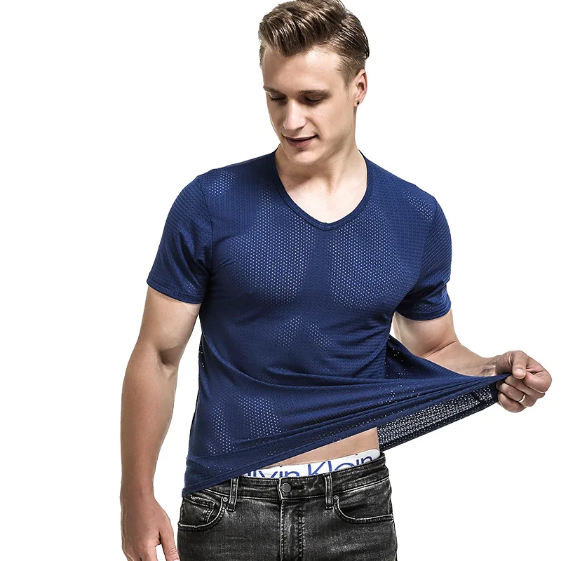 

2pcs Ice Silk Mesh Tops Men's Tank Breathable Hollow Sports Fitness Summer Fast Dry Loose V-neck Tide T Shirt Men Tshirt