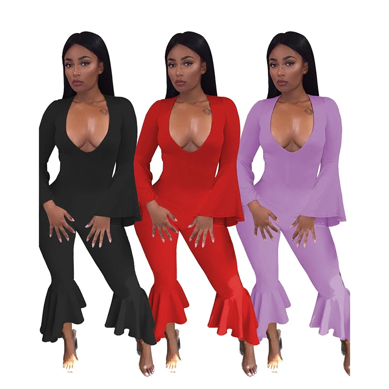 

Sexy Deep V neck Solid Jumpsuits For Women Plus Size Elegant Ladies Party Wear Long Sleeve Long Jumpsuits Flare Sleeve Bodysuit