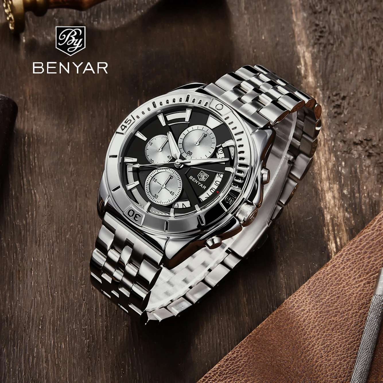 2021 Benyar New Top Luxury Business Men' Quartz Watch Waterproof Hollow Design Calendar Luminous Pointer Watch Relogio Masculino