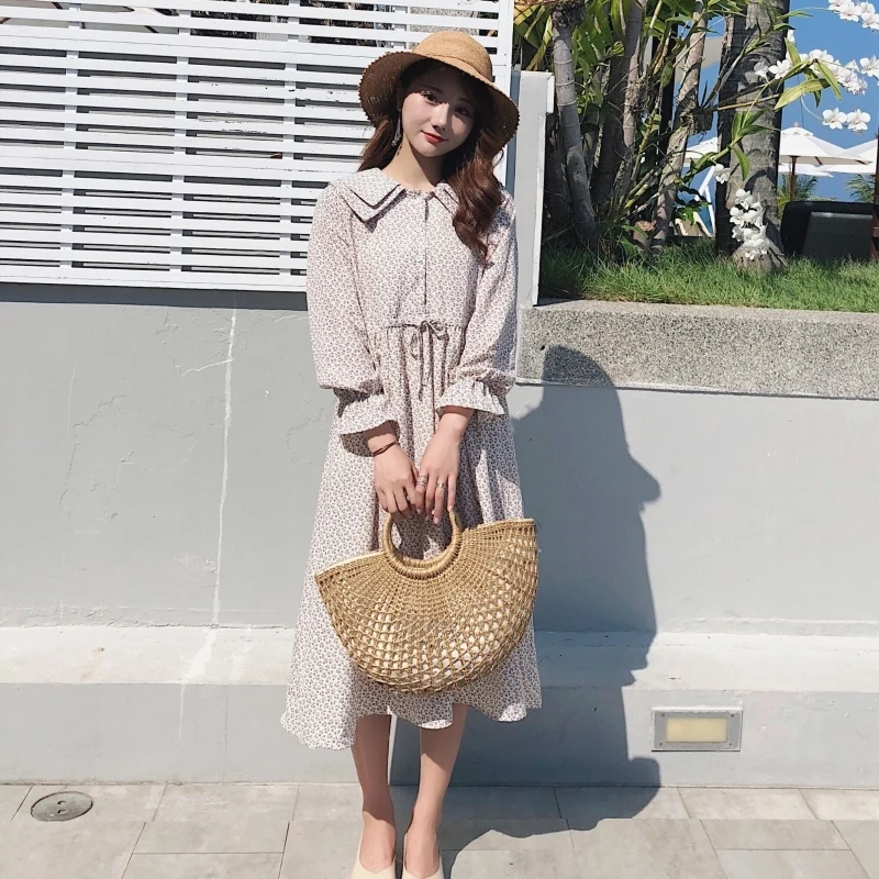 Весна Осень 2020 Новое Стильное платье средней длины с воротником в виде листьев