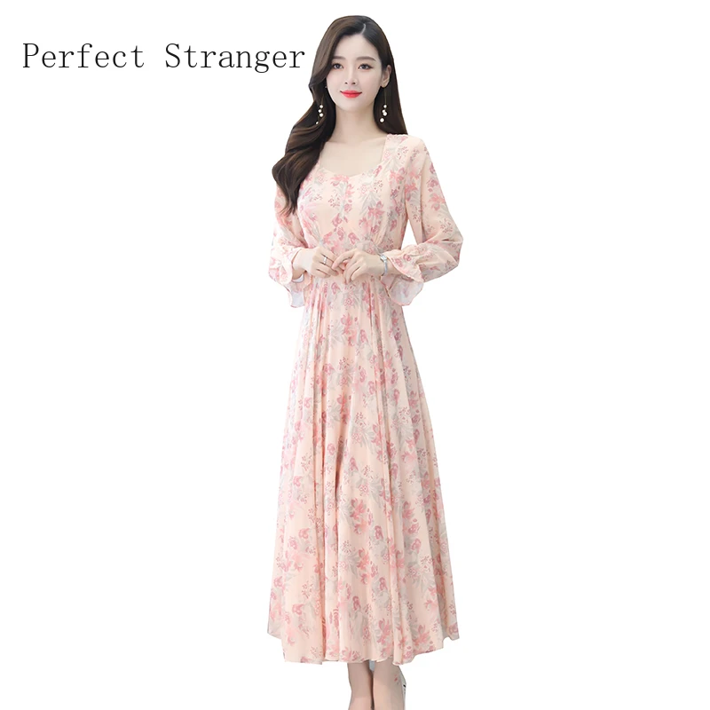 

2020 Autumn New Arrival Elegant V Collar Flower Printed Long Sleeve Women Chiffon Long Dress