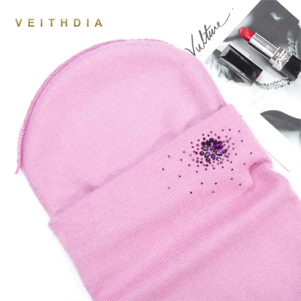 VEITHDIA, женские шапки, женские кашемировые, повседневные, Осень-зима, брендовые, двухслойные, толстые, стразы, вязаные, для девочек, Skullies Beanies