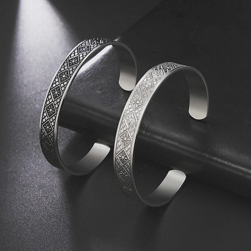 

My shape Rhombus Grids Sun Bangles Bracelets for Men Women Engraving Stainless Steel Open Cuff Bangle New Fashion Jewelry Gifts