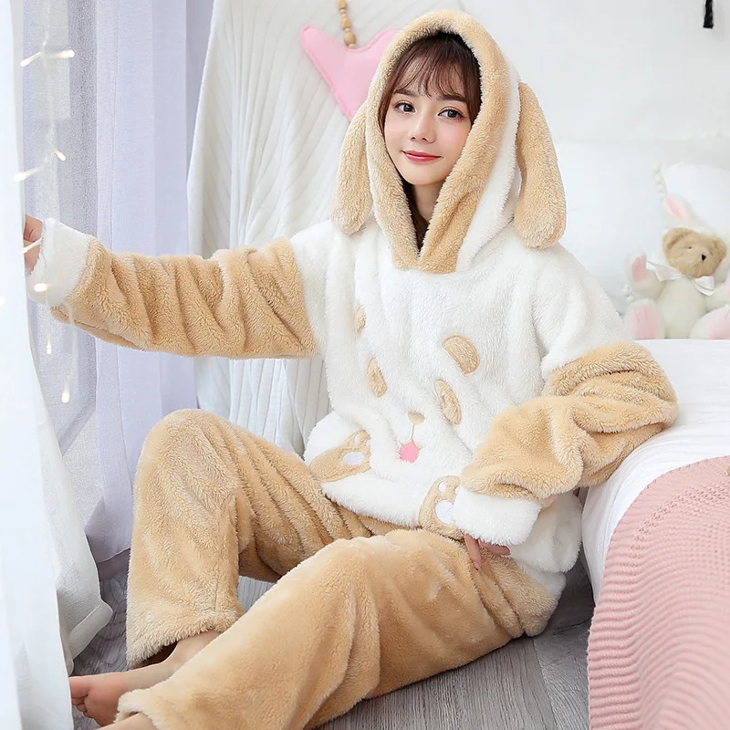 Коралловая флисовая фланель Пижама Mujer Для женщин из мультфильма пижамные комплекты одежда для сна Пижама с животными Для женщин Зимняя теплая ночная Пижама домашняя одежда