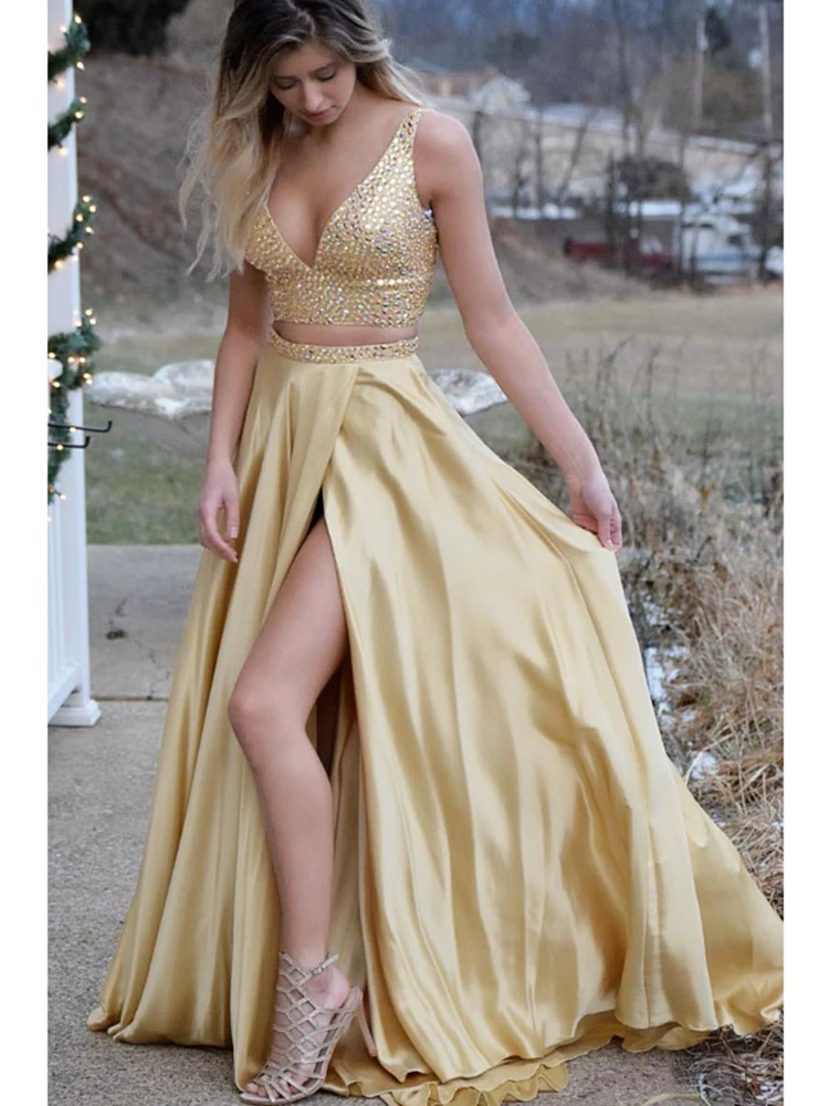 Gorgeous Two Piece Gold Long Beading Prom Dress Rhinestone Satin Slit Side Deep V Neck A Line Evening Custom Made | Свадьбы и