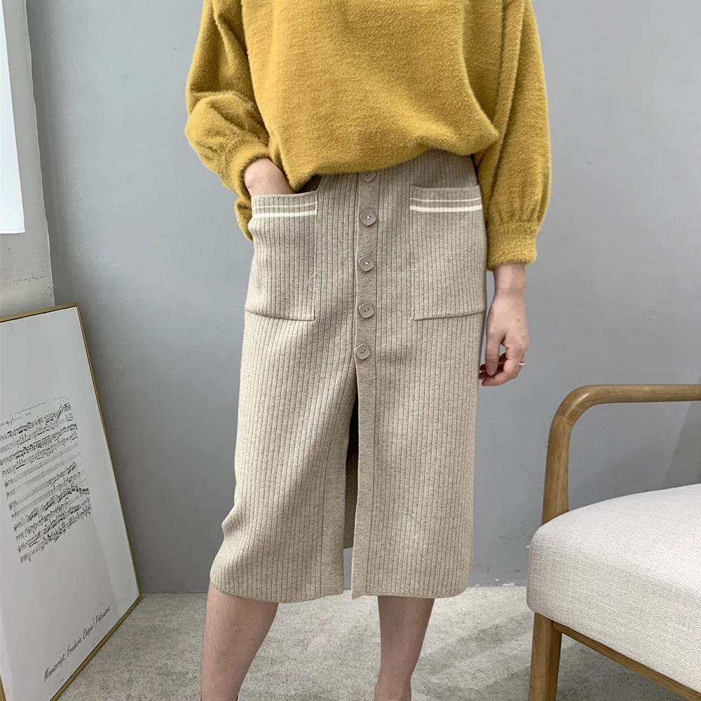 2019 Высокая талия шерстяная вязаная женская зимняя облегающая мини юбка стрейч