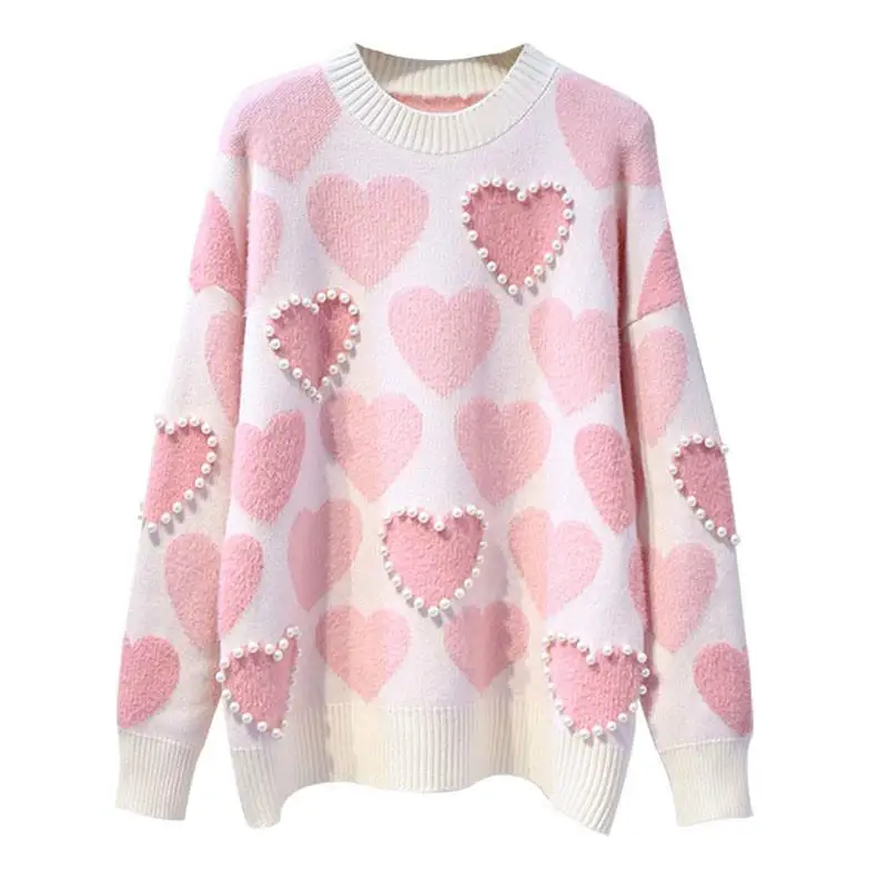 

ZITY Pullovers O-neck Knitted Sweaters Women Pearls Beading Sweet Heart Pull Jumpers Long Sleeve Kawaii Pull Female 2020 Top