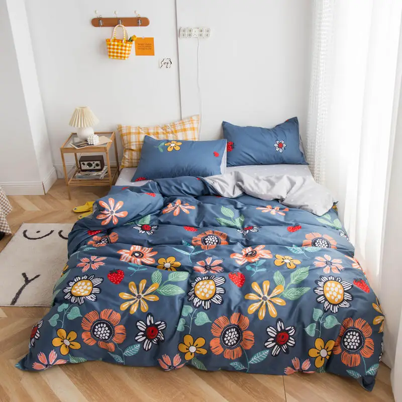 

Bonenjoy Duvet Cover Sets with Pillowcase 100%Pure Cotton Floral Style Reactive Printed Blue Color parure de lit Bedsheet Set