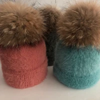 fashion new real fox fur mink pompoms hats for women children winter wool warm casual mink velvet skullies beanies hat for girls