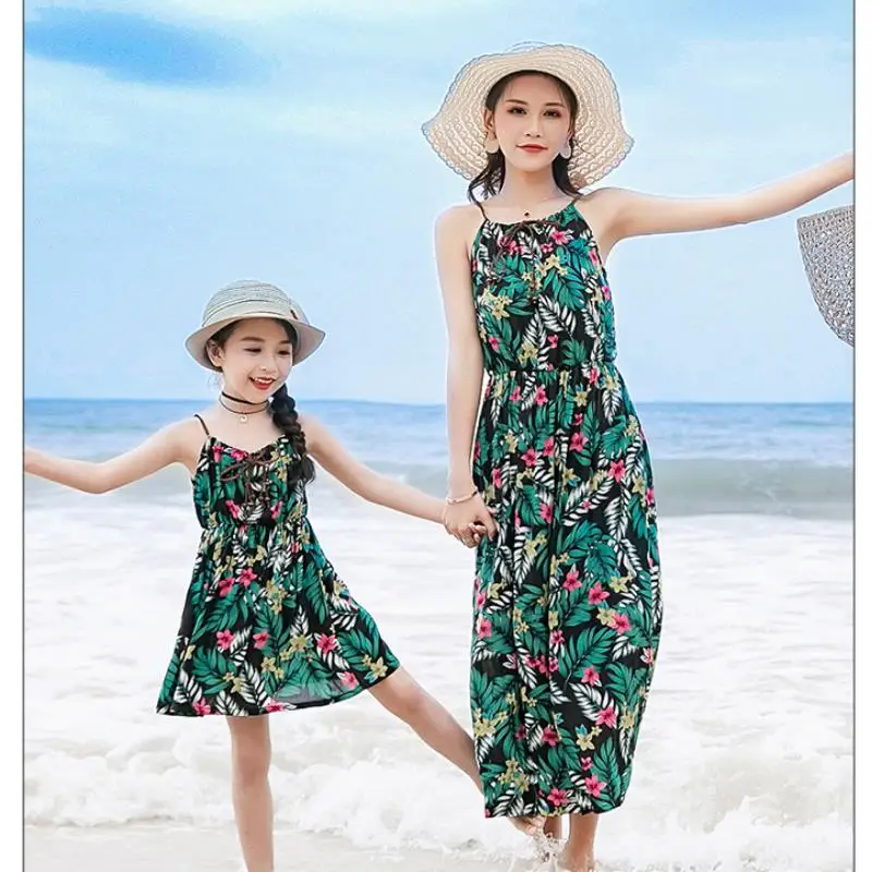Summer Parent-child Long Dress Women Sexy Evening Party Beach Maxi Dresses Boho Floral Fashion Halter Sundress