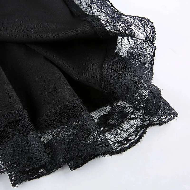 

2021 Women A-Line Skirt Gothic Black Lace Edge High Waist Pleated Punk Style Vintage Party Sexy Ladies Mini Clubwear