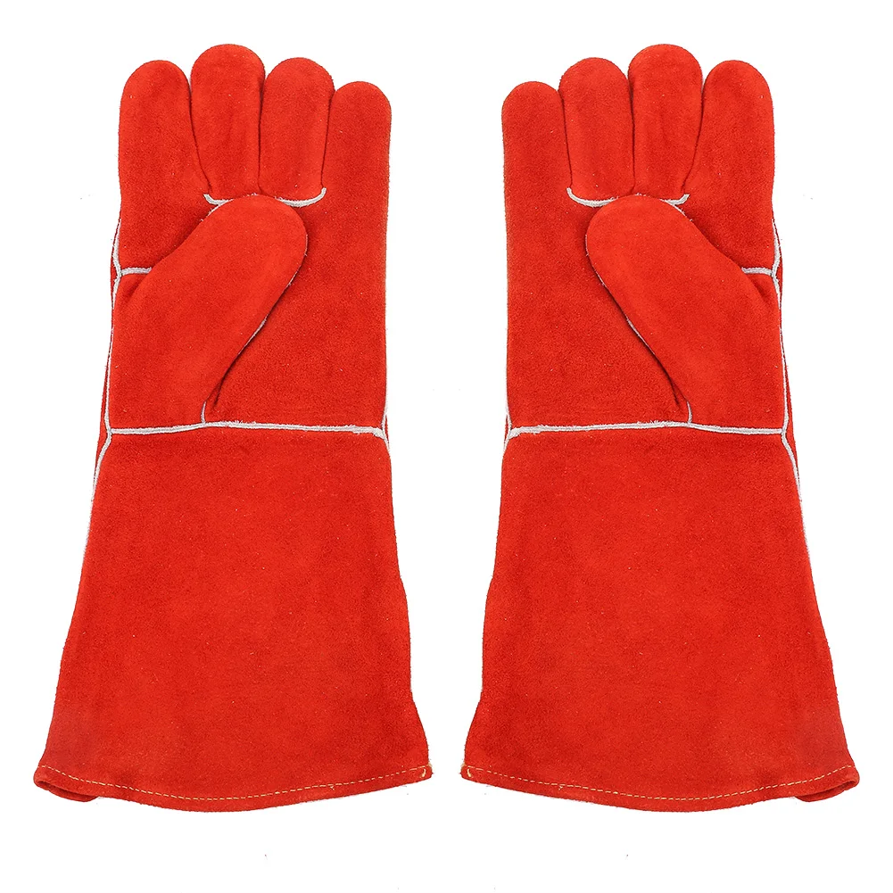 

1 Pair 16in Longer Red Faux Cow Split Leather Electric Welding Protective Gloves Cow Two-Layer Leather Welding Gloves
