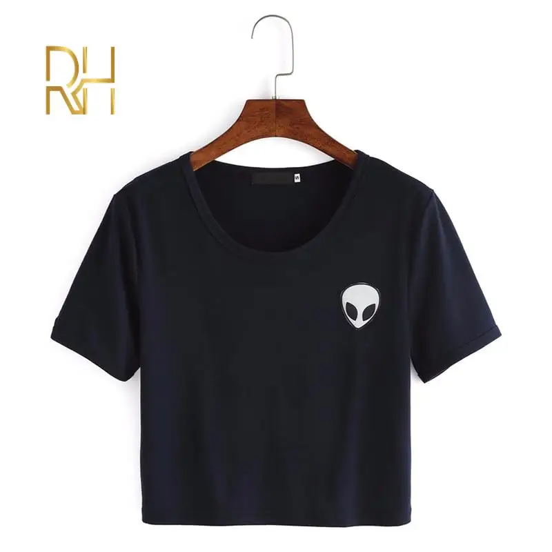 Кроп топ с милым принтом инопланетянина новинка летняя женская футболка круглым