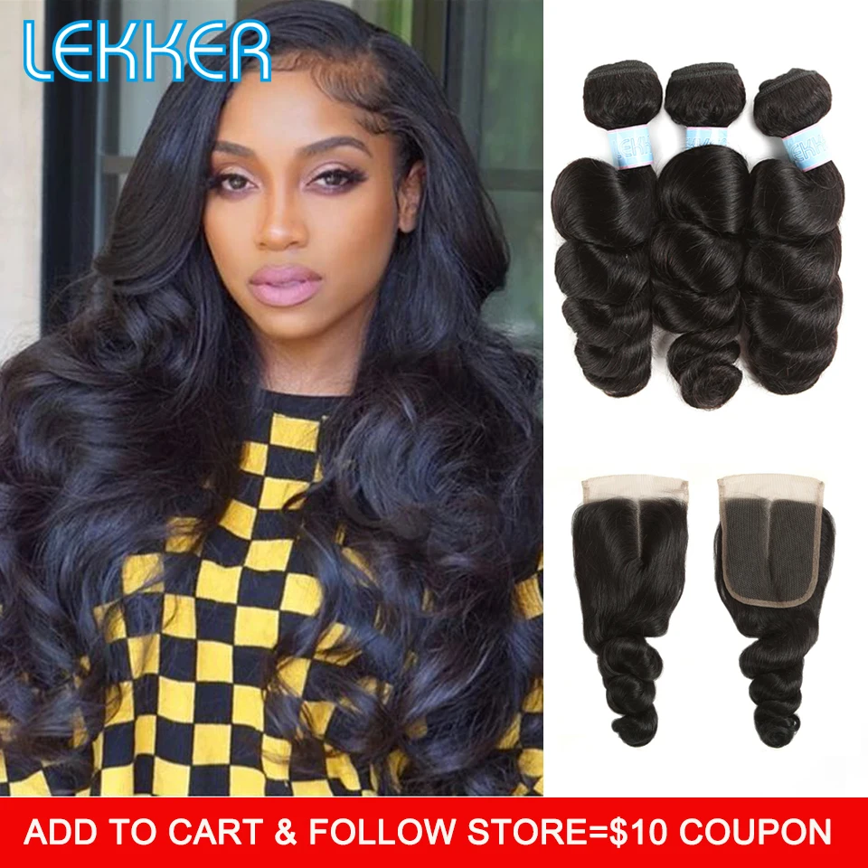 Lekker Loose Wave Bundles with Closure Brazilian Hair Weave Bundle with Closure 3 Bundles with 4*4 Lace Closure