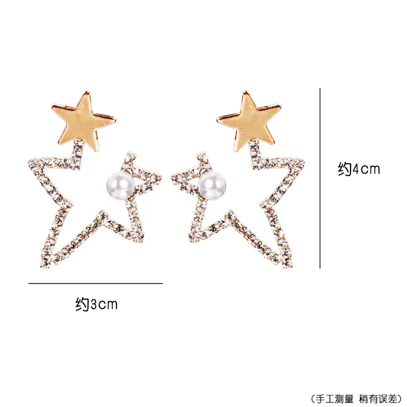 

New notch five-pointed star pearl asymmetric temperament earrings fashion inlaid rhinestone earrings