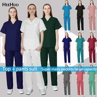 slim stretch fabric scrub clothes multi pocket surgical gown nursing lab nurse medical nursing elastic band suit wholesale price