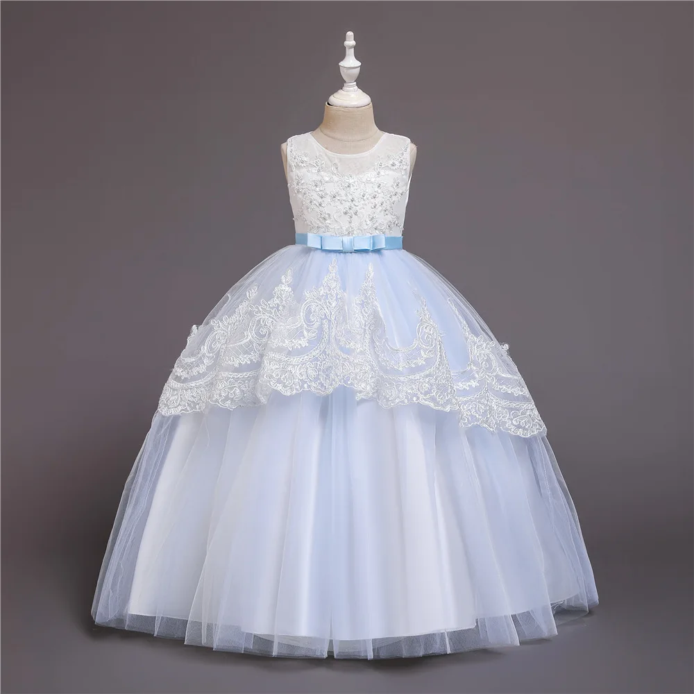 Light blue Летнее Длинное платье принцессы для девочек; Новинка года; милое кружевное платье с цветочным узором для девочек на свадьбу; детская одежда для дня рождения - Цвет: Light blue