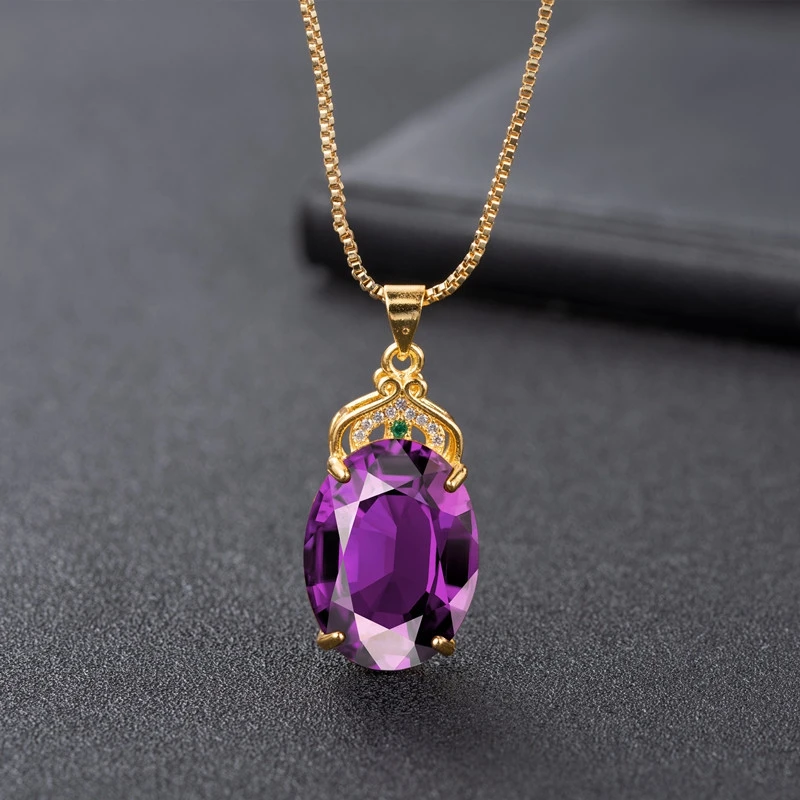 

Yellow Gold Amethyst Pendant Women Fashion Diamond Zircon Purple Diamond Pendant Jewelry