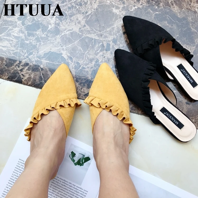 HTUUA/высококачественные Мягкие Шлепанцы из флока; женские туфли без задника; сезон весна-лето-осень; женская обувь; шлепанцы на плоской подошве; SX1311