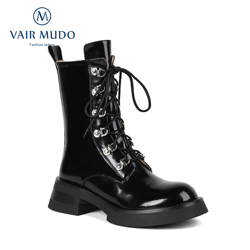 

VAIR MUDO Women Ankle Boots Shoes Thick Heels Round Toe Patent Leather Solid Black Lace Up Concise Elegant Spring Autumn WM-X51