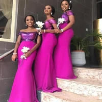fuchsia mermaid bridesmaid dresses long off shoulder wedding guest dress sequined top capped plus size maid of honor dress